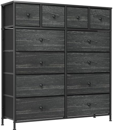 Clevich Cassettiera con 12 Cassetti, per camera da letto, cassettiera industriale, struttura in metallo, superficie in legno, cassetti in tessuto, per Corridoio, Cameretta, Soggiorno (Nero)