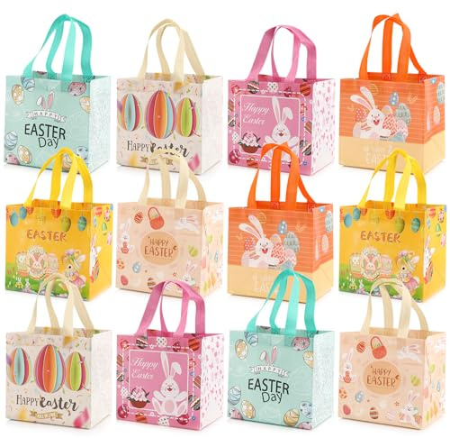 Sacchetti regalo di Pasqua, 12 Pezzi Sacchetti Pasquali con Manici, 6 Modelli Sacchetto Regalo in Tessuto non Tessuto,Riutilizzabili Borsa di Pasqua da Riempire,per festa regalo di Pasqua, 20x20x15 cm