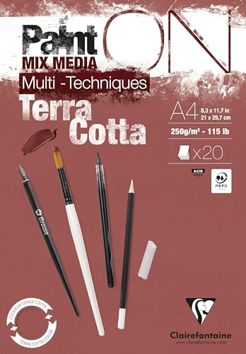 Clairefontaine 976153C Bloc Encollé PaintON Multi-techniques Terracotta A4 21x29,7 cm 250g - 20 Feuilles Papier Dessin Multi-techniques au Grain Légèrement Rugueux - Terracotta