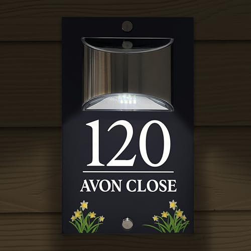 Custom Signs Solar Illuminated Modern Anthracite Grey House Number Sign 24cm x 14.5cm Daffodils Design