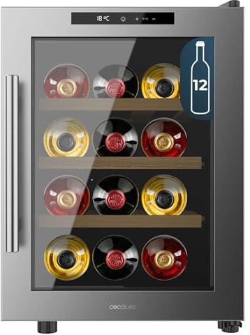 Cecotec Vinoteca Bolero GrandSommelier 1255 CoolWood E, Capacidad 12 Botellas, Estantes de Madera, Control Táctil, Temperatura 8 a 18ºC, Temperatura 8 a 18ºC, Acero Inox