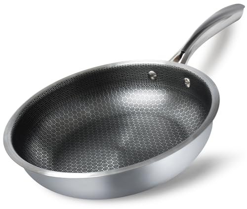 HOUSLUX Frying Pan Stainless Steel Non-Stick Wok Pan Induction Compatible Durable Stainless Steel Handles Easy Cleaning for All Hobs Dishwasher Safe (24CM Non-Stick