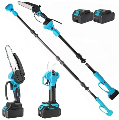 Mini Motosierra Bateria & Podadora Electrica 4 en 1, Sierra Electrica podar Arboles con 2 Baterías,Pértiga ajustable ángulo 180°,Alcance máximo de trabajo hasta 4.5m