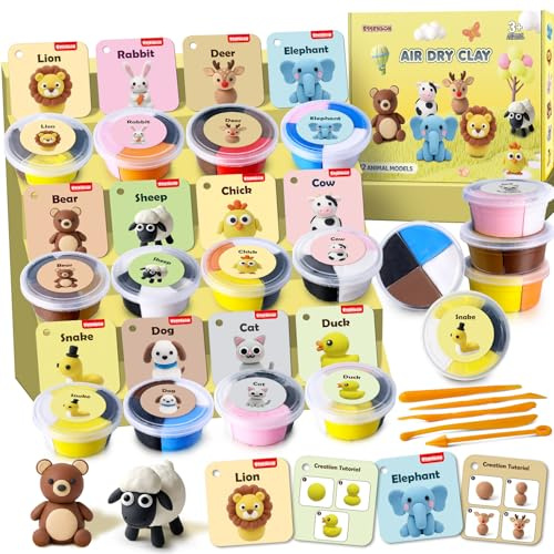 Air Dry Clay Kit for Kids, Animal Theme Modelling Clay, DIY Model Magic with Sculpting Tools and Tutorial Cards, Presents Gift for Boys & Girls Age 3-12 Year Old