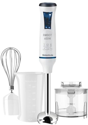 Taurus Stabmixer-Set | ROBOT 600 PLUS INOX | 20 Geschwindigkeitsstufen | 600 W | Elektrisch | Inklusive Pürierstab | Schneebesen | Mixbehälter | Zerkleinerer | Spülmaschinenfest | Weiss