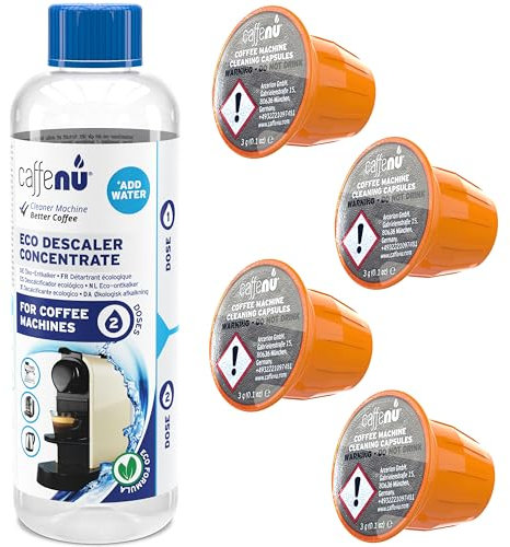 Nespresso Compatible Descaling Kit With Cleaning Capsules. 200ml Descaler Solution & 4 Cleaning Pods. Provides Hotter, Better Tasting Coffee. 4 Months Supply.