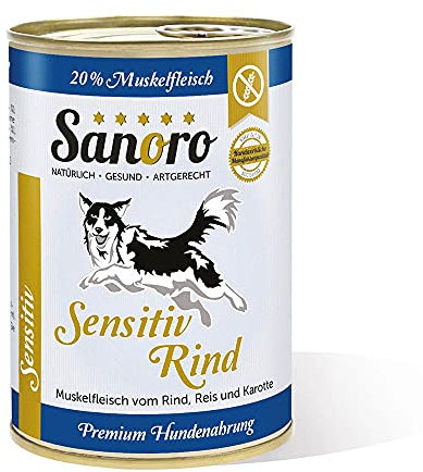 Sanoro Sensitiv Rind - Premium Hundefutter bei Leishmaniose: Purinreduziert und proteinreduziert. Teil-Bio-Qualität mit Bio-Reis und Bio-Karotten (12 x 400 g)