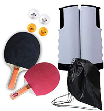 Tennis de Table Set, Raquette de Ping Pong Professionnel Set, 2 Raquettes + Rétractable Filet de Table Tennis + 4 Balle pour Adulte, Enfant, école, Maison, Bureau et Récréatifs (Gris Clair)