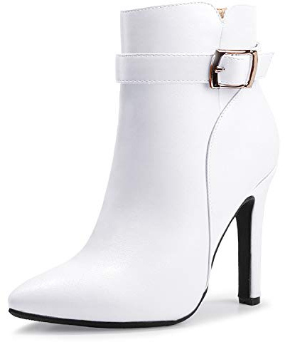 IDIFU Women's Dana Pointed Toe Stiletto High Heels Ankle Booties Side Zipper Short Boots with Metal Buckle(8, White Pu)