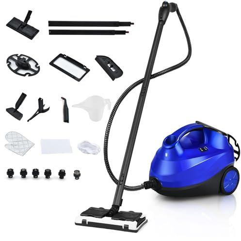 GOPLUS Nettoyeur Vapeur, 19 Accessoires, Pression 4 Bar Puissance 2000W avec Réservoir d'Eau 1,5L, Balai Vapeur pour Tapis, Fenêtre, Verre et Rideau, Bleu