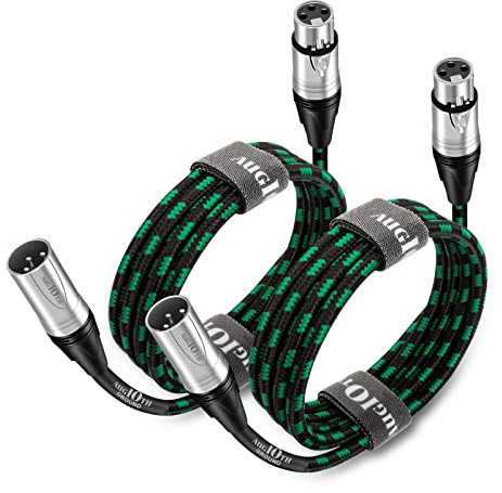 Augioth XLR Pro Mic Cable 10 Ft 2-Pack Male to Female 3-Pin Green Balanced Shielded Microphone for Amplifier, Mixer, Speaker Systems, Recording Studio