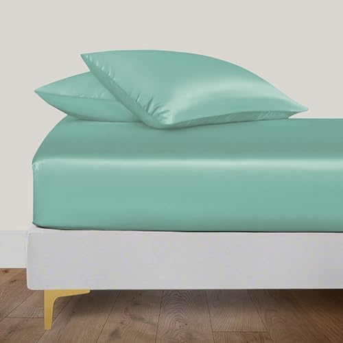 LINENWALAS Single Fitted Sheet 89x190 cm, 100% Organic Bamboo Silk Bed Sheet for Single Size Bed, Up to 40 cm Deep Pocket Bottom Sheet, Soft, Cooling Hypoallergenic Bedding (Aqua)