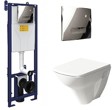 White Ceramic Wall Hung Square Modern Bathroom Toilet with Wall Hung Toilet Cistern/Frame and Shiny Chrome Flush Plate Set, Dual Flush Cistern, Shiny Chrome Flush Plate and Soft Close Seat