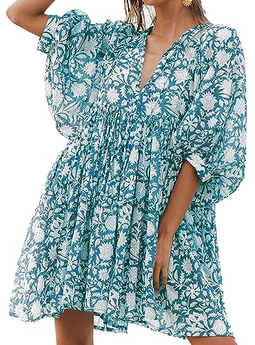 Womens Summer Dresses Casual - Boho Floral Babydoll Balloon Sleeve Half Open Tether Flowy Short Beach Dress Blue
