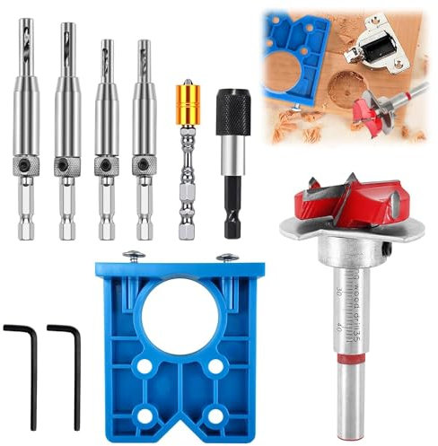 Brocas Forstner para Madera, Plantilla Bisagras Cazoleta 35 mm, con Posicionador para Bisagras de Cazoleta y Placas de Montaje, Bisagra Oculta Guía Taladro para Bisagras de Gabinete Placas de Montaje