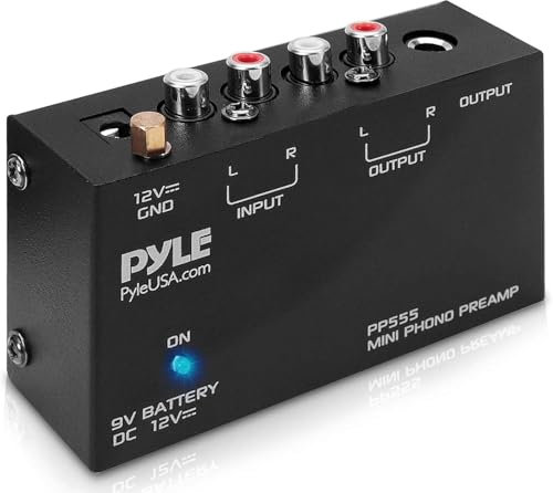 Pyle Phono Preamp for Turntable & Record Player, Mini Audio Stereo Amplifier with 9V Battery, RCA Input & Output, Low-Noise, 12V DC Power Adapter