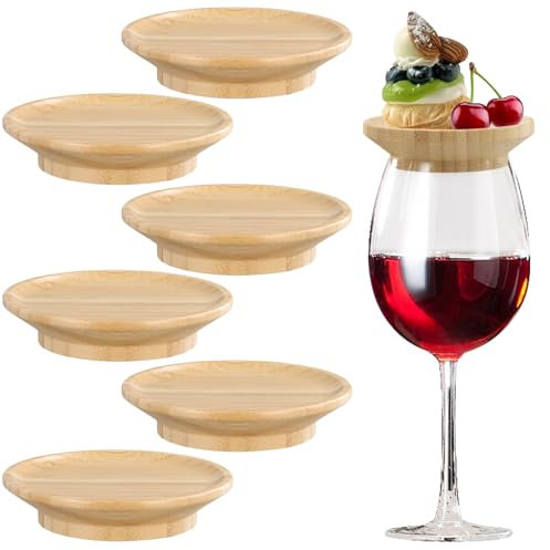 Focenat 6 Piezas Adorno para Copas de Vino en Bambú, Tapas de Charcutería para Copas de Vino, Cubiertas de Madera para Aperitivos, Postres y Snacks, Accesorios para Hogar, Restaurantes y Fiestas