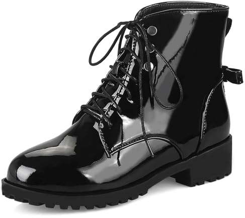 Gicoiz Femme Bout Rond Comfy Lacets Combat Bottes Militaires Cuir Verni Low Bloc Bottes Chunky Plateforme Extérieur Warm Biker Ankle Bottines Bowknot Noir Taille 44 EU-46Cn