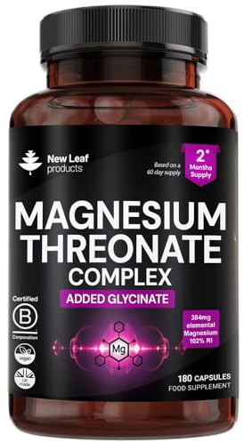 Magnesium Threonate Complex - High Strength 2550mg Magnesiums Supplements - Added Magnesium Glycinate, 180 Vegan Capsules - L-Threonate UK Made by New Leaf (3 Per Serving)