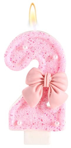Candele Compleanno Rosa con Fiocco, Fiocco Lucido Paillettes Candele con Numeri Buon Compleanno Decorazioni Perfette per Torte Feste Matrimoni Lauree(Numero 2)