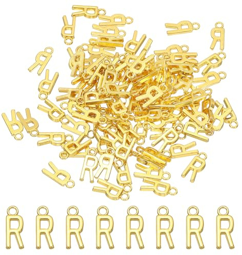 PATIKIL Bokstavsberlock, 100 st alfabetsberlock, initial hänge, berlock bulk söt gör-det-själv för smyckestillverkning armband, örhängen, halsband, nyckelringar, hantverk, guldton, bokstav R