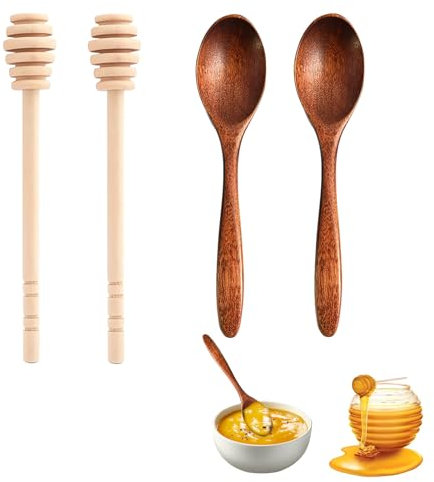 EUYKQNOI 4 Pz cucchiaio per miele cucchiaini legno agitatori per Miele,cucchiai di Miele,cucchiai di Miele in Legno,agitatori per Miele con Sollevatore di Miele,Bastoncini di Miele a Spirale,agitatori