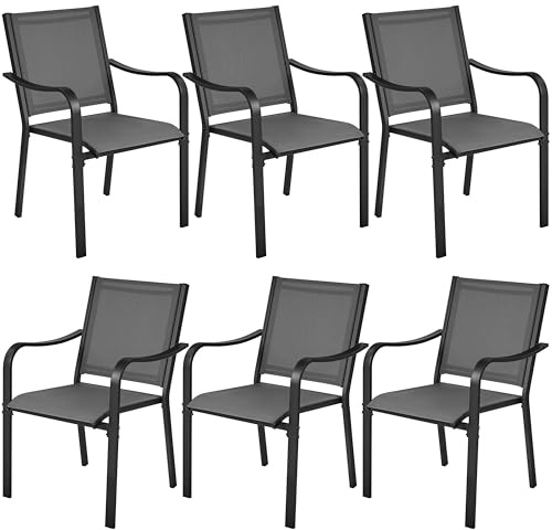 Yaheetech Set med 6 trädgårdsstolar, stapelbara matstol, trädgårdsstol, väderbeständiga armstödsstolar för trädgård/terrass/gård kan belastas upp till 136 kg, grå
