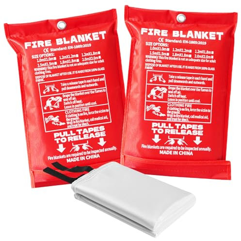 Editbar Lot de 2 couvertures anti-feu 120 × 120 cm – Résistantes à la chaleur, difficilement inflammables, couverture anti-incendie de cuisine certifiée DIN EN 1869:2019, en fibre de verre, pour la