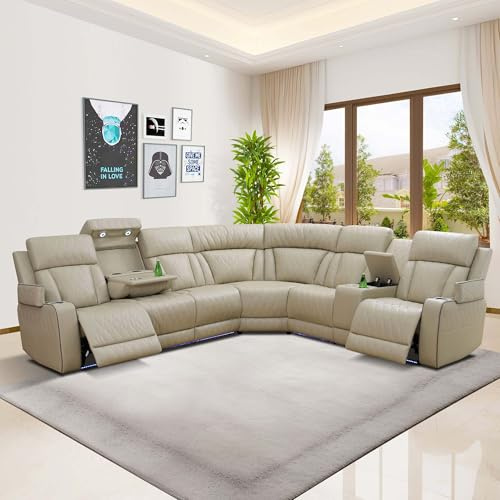 SIENWIEY Power Recliner Sectional Sofa with LED Light,Leather Reclining CornerSectional Couch for Living Room,Corner L Shaped Living Room Sofa Set（Beige，Sectional）