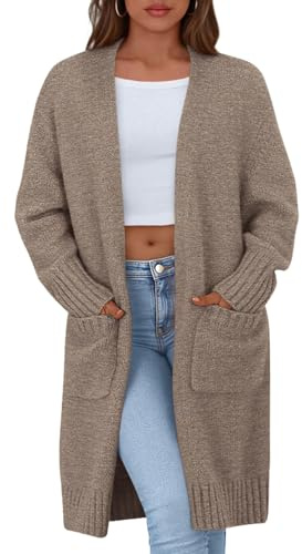 PRETTYGARDEN Fall Long Sleeve Cardigan Sweaters for Women 2026 Trendy Winter Open Front Loose Knitted Cardigans with Pockets (Brown,Small)