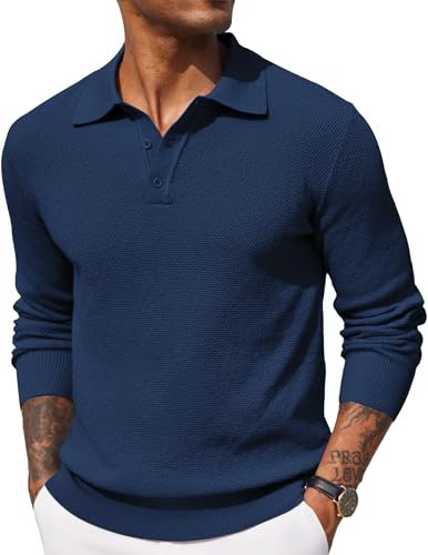 COOFANDY Mens Polo Jumper Long Sleeved Poloshirts Sweater Blue M