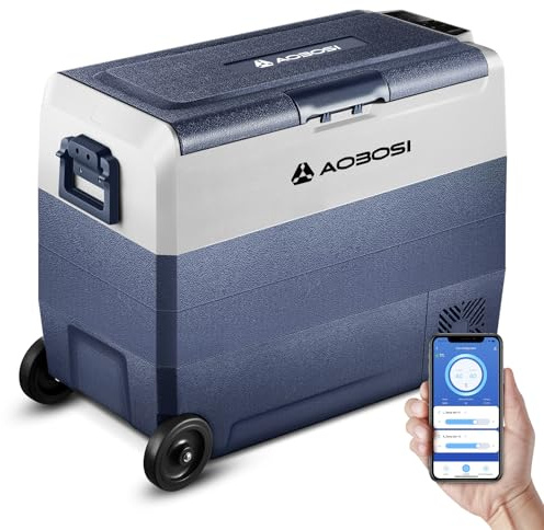 AAOBOSI 60l Nevera Portatil con Ruedas, Nevera Compresor Doble Zona con APP y Puerto USB, Nevera Camping 20 °C a -20 °C, 12/24V DC,100-240V AC, para Hogar, Camping, Viajes, Coche, Barco y Autocaravana