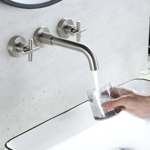 BiaoTeng Concealed Wall Mounted Mixer Tap Bathroom with 360° Swivel Hot and Cold Brass Bathroom Sink Taps 3 Hole Brushed
