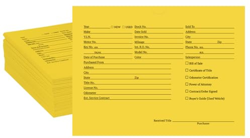 suituts 100 Pack Vehicle Deal Jackets for Dealerships, 9X12 Inch Printed Vehicle Deal Envelopes, Car Sales Deal Folders, Dealer Record Envelopes (Yellow)