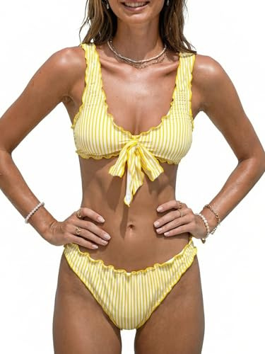 CUPSHE Set bikini da donna costume da bagno a due pezzi carino costume da bagno increspato spalline larghe vita bassa taglio alto fondo sfacciato