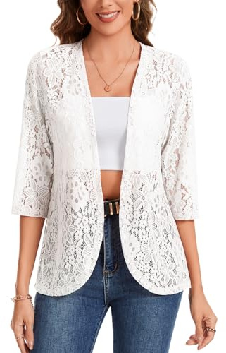 Kyzoeyou Cardigan da donna in pizzo, maniche a 3/4, casual, lungo, bolero aperto, elegante, W-bianco, S