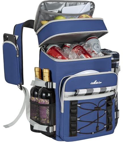 Mochila isotérmica con doble compartimento – Gran capacidad de 30 l para nevera flexible, bolsa de picnic portátil, ideal para picnics y acampada (azul)
