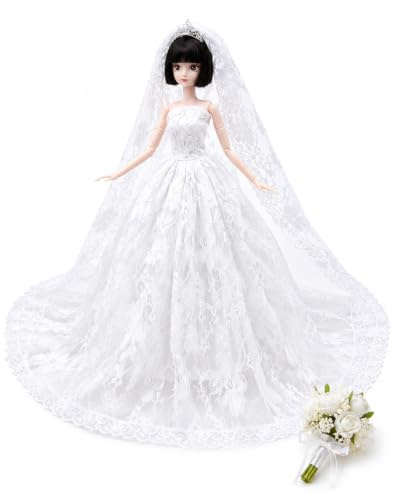 XALFST Robe de Mariée Princesse pour Poupées Style Barbie 11.5 - Ensemble Blanc 1pc avec Voile et Bouquet Inclus, sans Poupée, Accessoire Créatif et Cadeau Enfantine