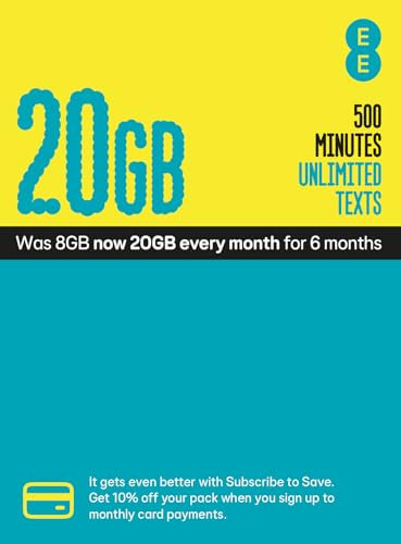 EE PAYG £10 Data Sim Includes £10 pre-paid credit, 20GB Data, 500 Minutes and Unlimited Texts (EE £10-20GB)