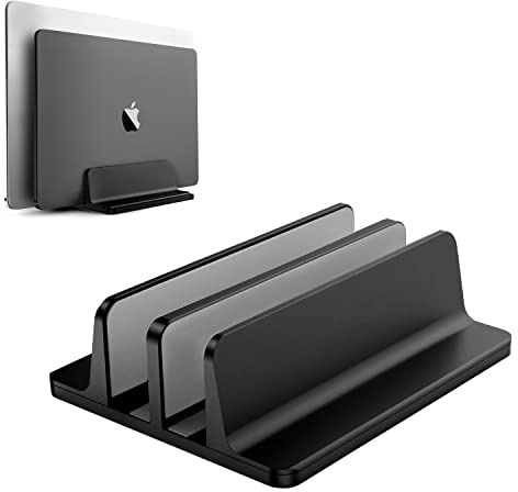 Vertical Laptop Stand Double Adjustable Laptop Holder Dual 2 Slots Upright Laptop Storage Holder for Desk Rack Space Fits All Laptop Models （up to 17.3）-Heavy Duty Polished Aluminum Desktop Holder