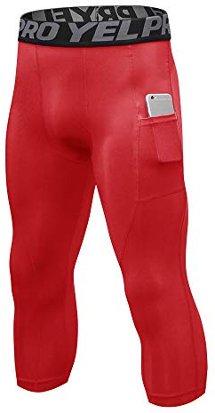 Shengwan 3/4 Workout Leggings Uomo Asciugatura Veloce Calzamaglia Pantaloni a Compressione Fitness con Tasche per Gym Jogging Correre Rosso M