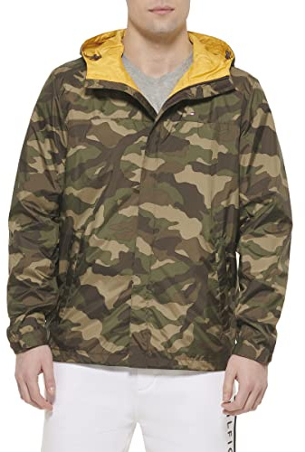 Tommy Hilfiger, Giacca antipioggia da uomo, leggera, traspirante, impermeabile, con cappuccio, Mimetico, 2X