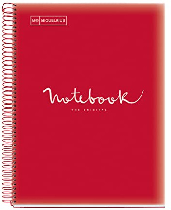 Miquelrius - A4 Notizbuch Emotions, Notebook, 80 Blatt 90 g/m², Séyès-liniert, einfarbig gestreift, mikroperforierte Spirale, Polypropylen-Einband, 4 Löcher, Farbe Rot