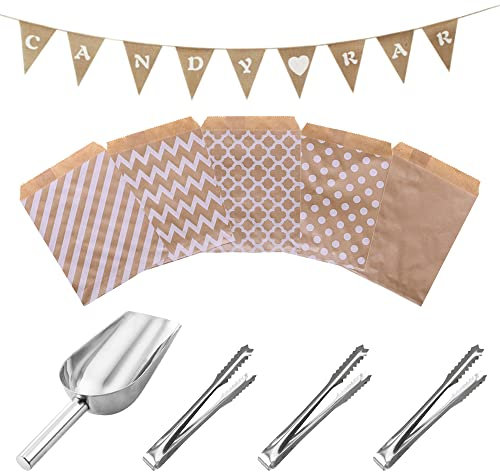 Zasvec Candy Bar Zubehör Set Candy Bar Banner Girlande Sackleinen Wimpelkette mit 50 Stück Papiertüten und Candybar Zuckerzange 4-er Set für Party Hochzeit Geburtstag Decor