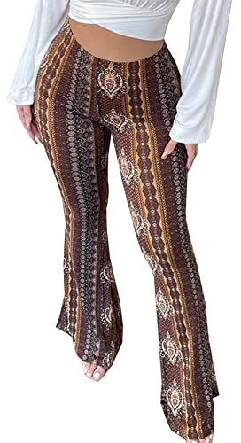 YUZIBAO Damen Flare Yoga Leggings Hohe Taille Boho Palazzo Weites Bein Hose Glockenhose, Braun, M