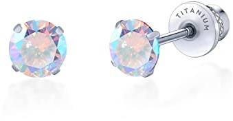 Limerencia Pendientes Titanio para Mujeres Hombres, Cierre de Rosca Pendientes Antialergicos Doble Cara de Circonio Cúbico para Orejas Sensibles(5mm, Aurora Boreal)