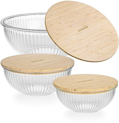 dokaworld Glass Mixing Bowls - Nesting Bowls - Space Saving Glass Bowls with Lids - Set of 5 Stackable Microwave Glass Containers (3 Pack Mixing Bowls with Lids