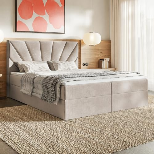 MOTIVENA Aspen Lit Boxspring 160x200 Complet avec Matelas (Ressorts Bonnell H4) et Surmatelas (T28 Mousse de Confort H3), avec Rangement, Velours, avec Tête de Lit Coffre 160x200 Beige Crème