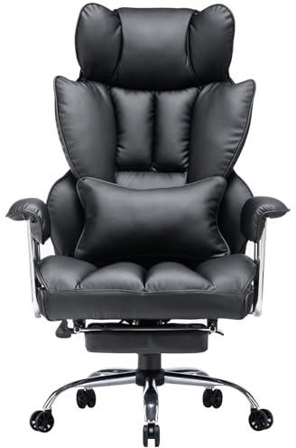 Efomao bürostuhl ergonomisch, PU Leder Chefsessel, bürostuhl 200 kg mit Fußstütze und Lendenwirbelstütze, Verstellbarer Stuhl mit hoher Rückenlehne, Schwarzer
