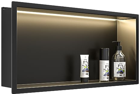 Bernkot Wall Recess Shower Stainless Steel with LED Strip Light, 60 cm x 30 cm, Waterproof, No Tiles Required, Bathroom Storage, Niche, Matt Black